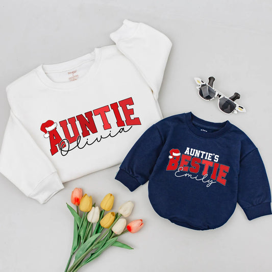 Personalized Auntie's Bestie Christmas Sweatshirt Gift for Aunt Matching Family Outfit Cozy Holiday Joy
