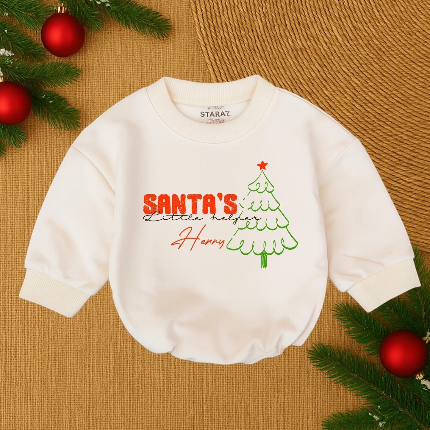 Santa's Little Helper Christmas Baby Romper, Bodysuit, or Outfit - Red Text & Green Tree Design, Custom Name Baby Shower Gift