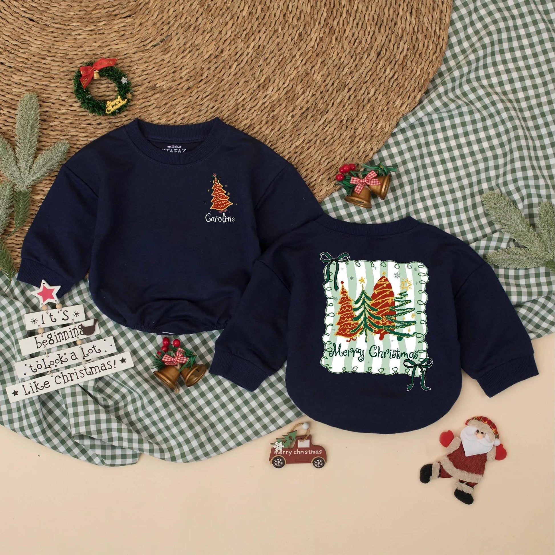 Personalized Preppy Christmas Tree Bubble Romper Custom Holiday Baby Outfit with Green Name Xmas Baby Clothes First Christmas Girl Gift