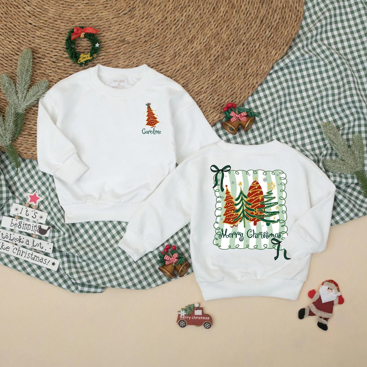 Personalized Preppy Christmas Tree Bubble Romper Custom Holiday Baby Outfit with Green Name Xmas Baby Clothes First Christmas Girl Gift