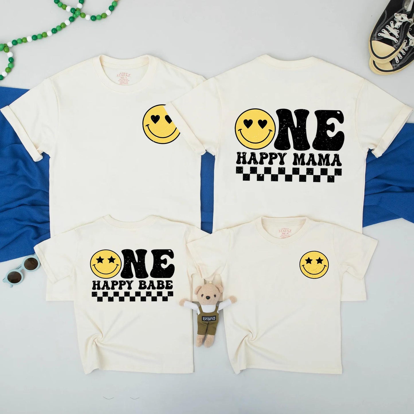 One Happy Babe Birthday Shirt Yellow Smiley Face 1st Birthday Baby Boy Outfit Matching Mommy and Me Family Retro Checkerboard Design