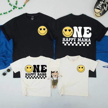 One Happy Babe Birthday Shirt Yellow Smiley Face 1st Birthday Baby Boy Outfit Matching Mommy and Me Family Retro Checkerboard Design
