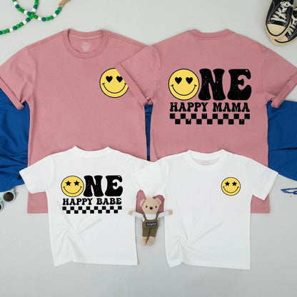 One Happy Babe Birthday Shirt Yellow Smiley Face 1st Birthday Baby Boy Outfit Matching Mommy and Me Family Retro Checkerboard Design