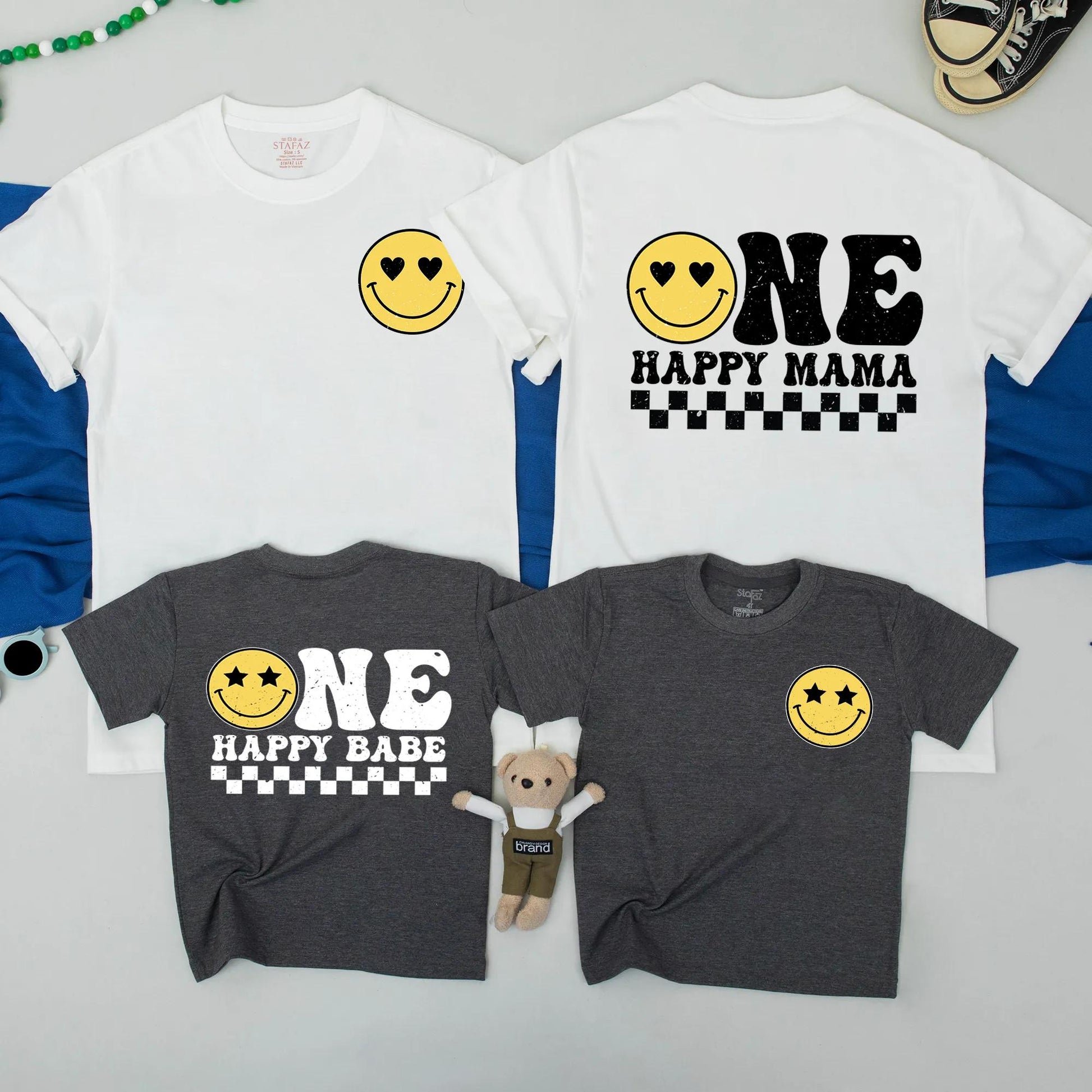 One Happy Babe Birthday Shirt Yellow Smiley Face 1st Birthday Baby Boy Outfit Matching Mommy and Me Family Retro Checkerboard Design