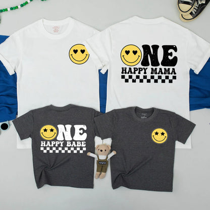 One Happy Babe Birthday Shirt Yellow Smiley Face 1st Birthday Baby Boy Outfit Matching Mommy and Me Family Retro Checkerboard Design