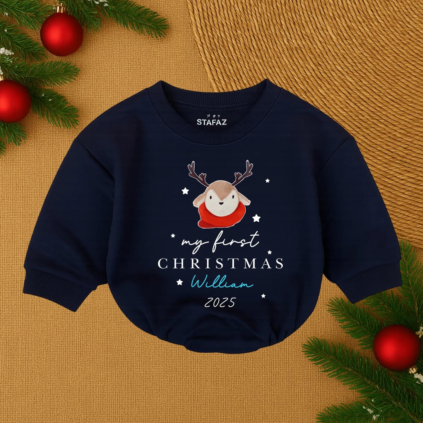 My First Christmas 2025 Baby Bubble Romper for William Cute Reindeer Red Scarf Stars Personalized Infant Boy Christmas Outfit Holiday Baby Gift