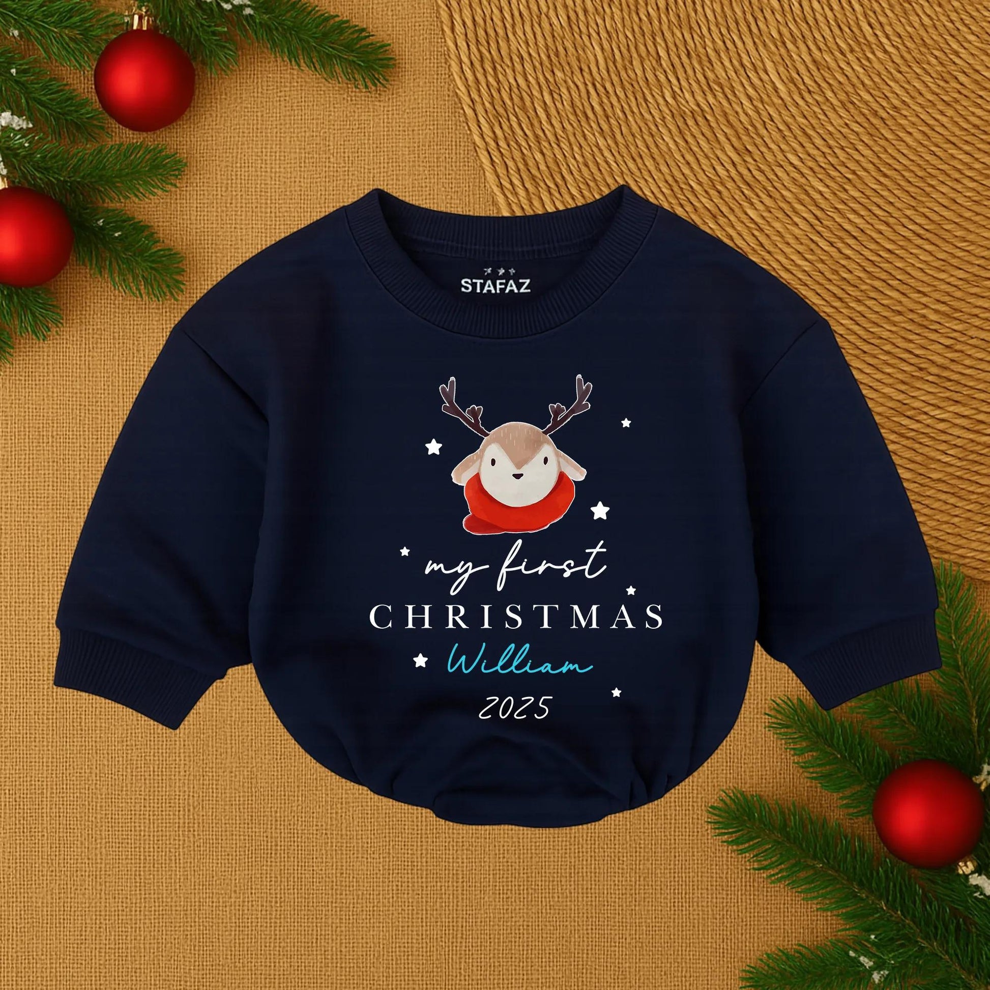 My First Christmas 2025 Baby Bubble Romper for William Cute Reindeer Red Scarf Stars Personalized Infant Boy Christmas Outfit Holiday Baby Gift