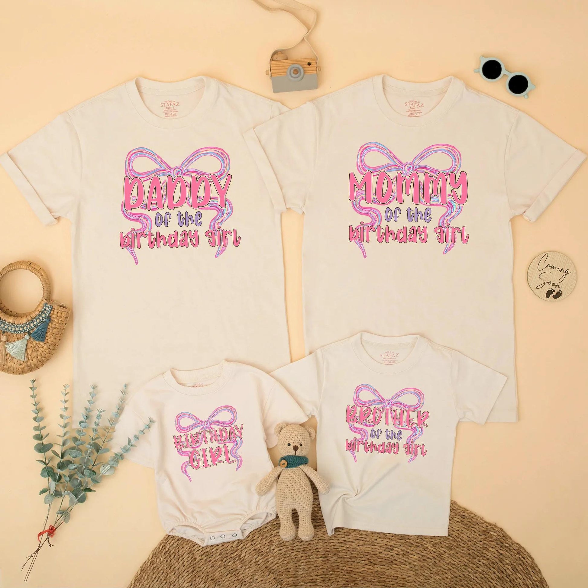 Matching Family Pink Bow First Birthday Girl Party Shirts with Swirling Design Bubble Letters One Year Old Celebration Gift Outfits