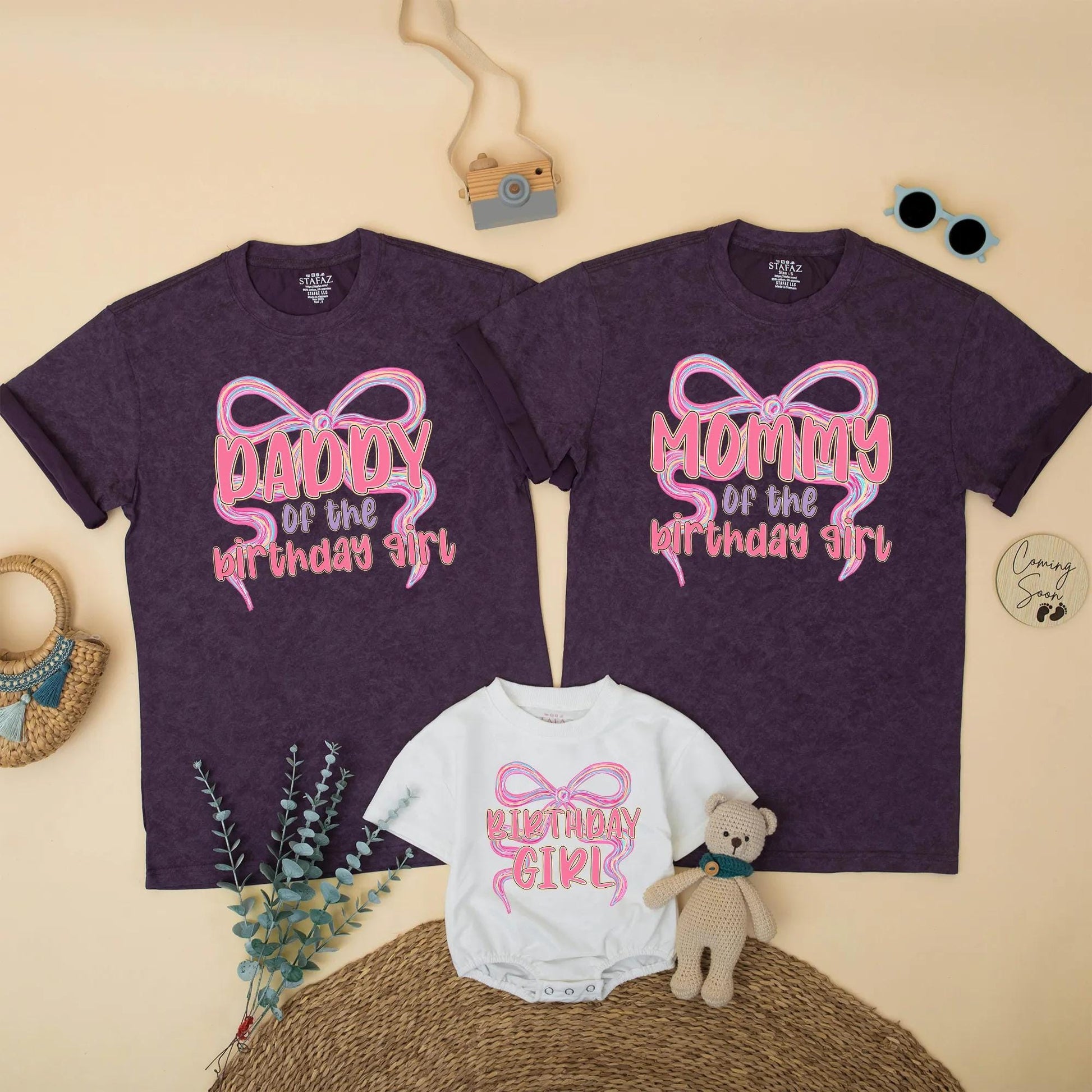 Matching Family Pink Bow First Birthday Girl Party Shirts with Swirling Design Bubble Letters One Year Old Celebration Gift Outfits