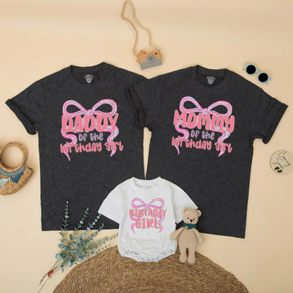 Matching Family Pink Bow First Birthday Girl Party Shirts with Swirling Design Bubble Letters One Year Old Celebration Gift Outfits