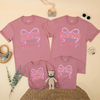 Matching Family Pink Bow First Birthday Girl Party Shirts with Swirling Design Bubble Letters One Year Old Celebration Gift Outfits