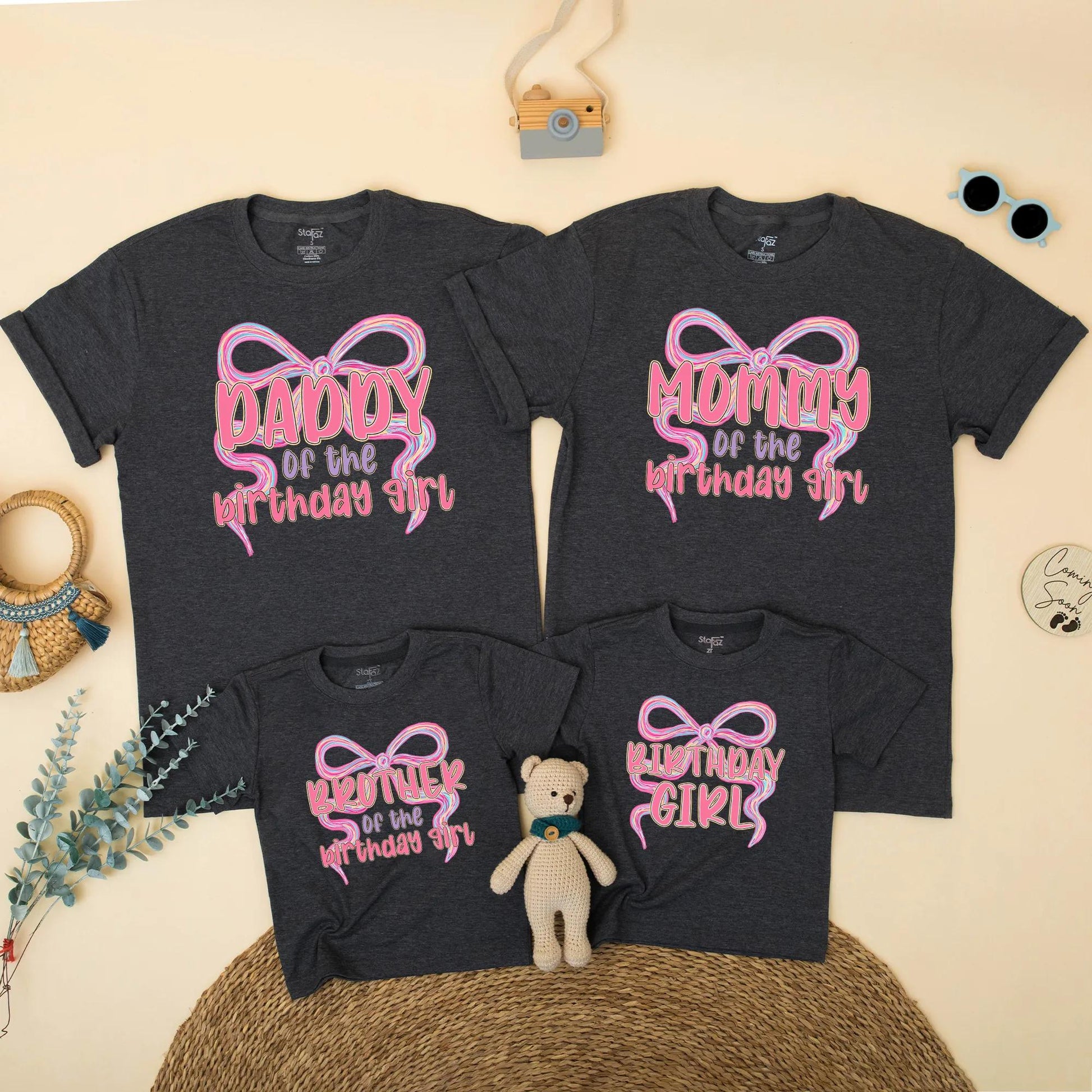 Matching Family Pink Bow First Birthday Girl Party Shirts with Swirling Design Bubble Letters One Year Old Celebration Gift Outfits