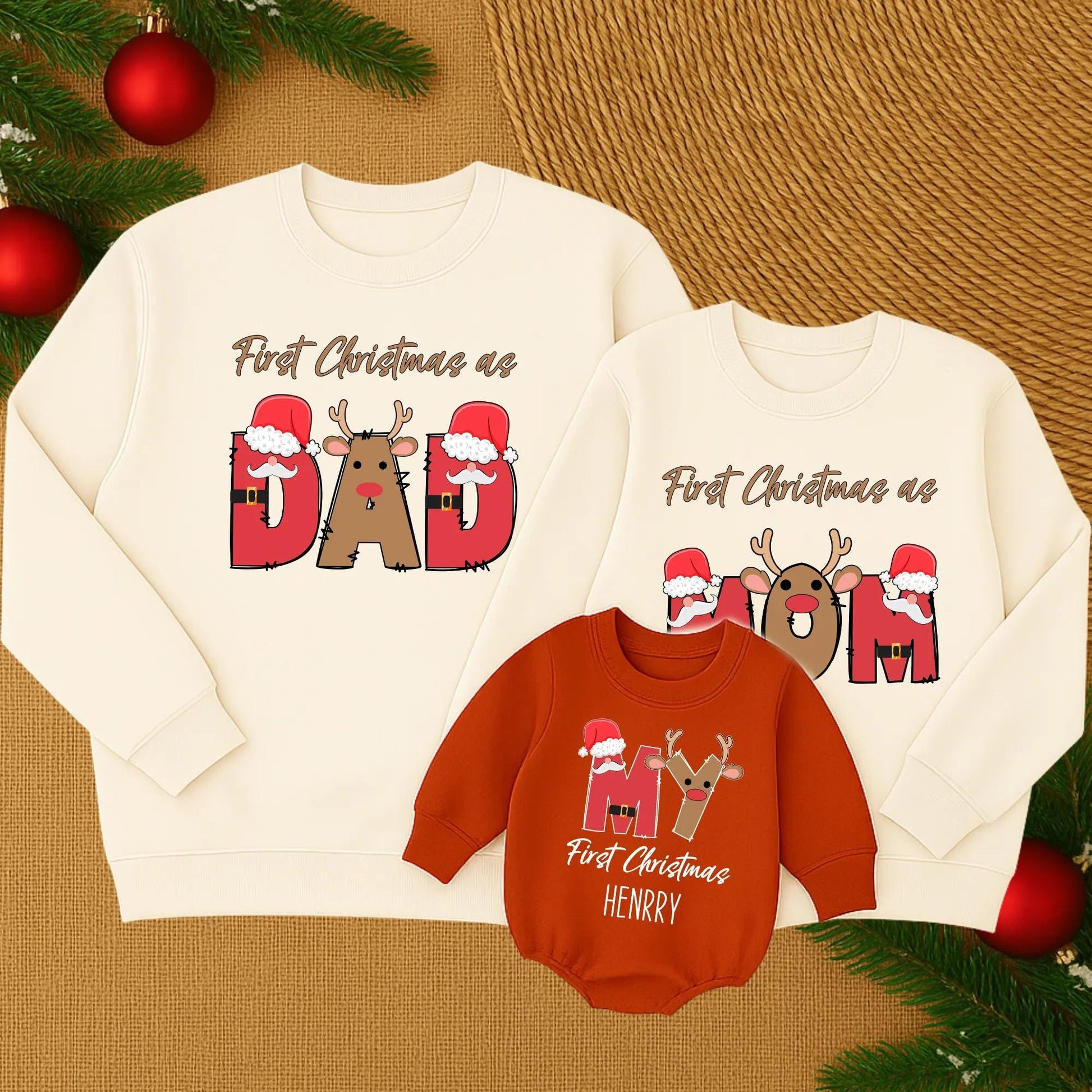 First Christmas as Dad Matching Family Sweatshirt Red Brown White Reindeer Santa Hat Graphics Custom Name Holiday Gift Cozy Festive Fun