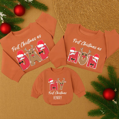 First Christmas as Dad Matching Family Sweatshirt Red Brown White Reindeer Santa Hat Graphics Custom Name Holiday Gift Cozy Festive Fun