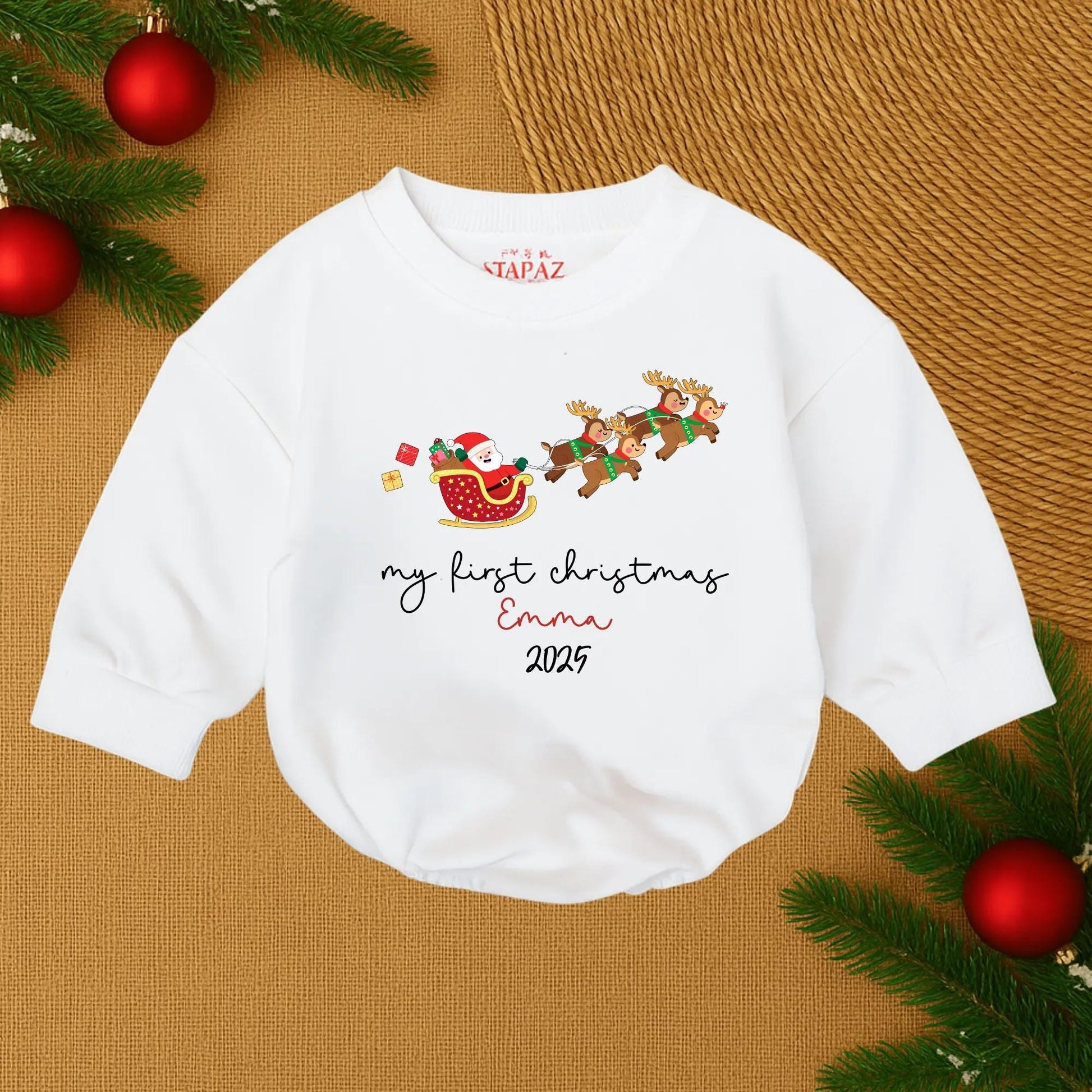 Emma's First Christmas 2025 Cute Santa Sleigh Baby Bubble Romper Personalized Red Green Gold Festive Toddler Outfit