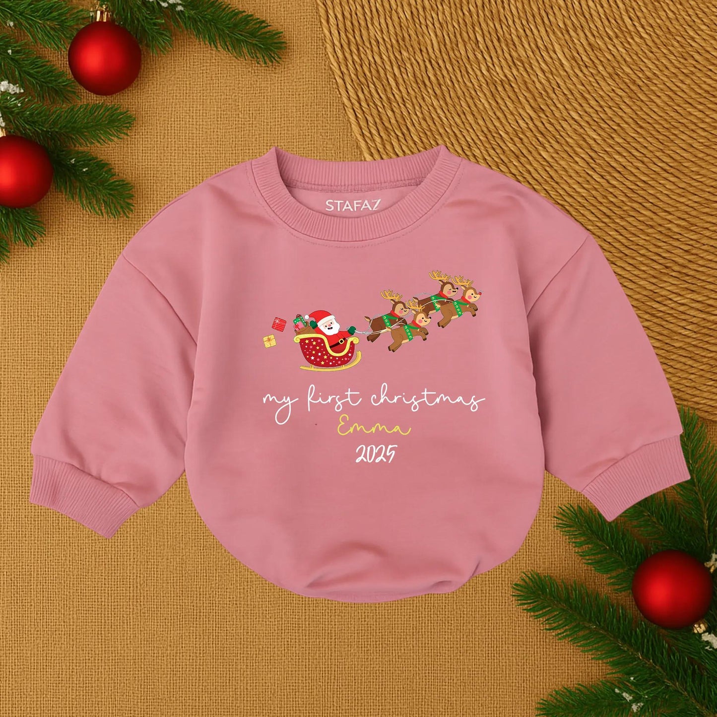 Emma's First Christmas 2025 Cute Santa Sleigh Baby Bubble Romper Personalized Red Green Gold Festive Toddler Outfit