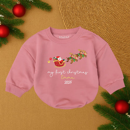 Emma's First Christmas 2025 Cute Santa Sleigh Baby Bubble Romper Personalized Red Green Gold Festive Toddler Outfit