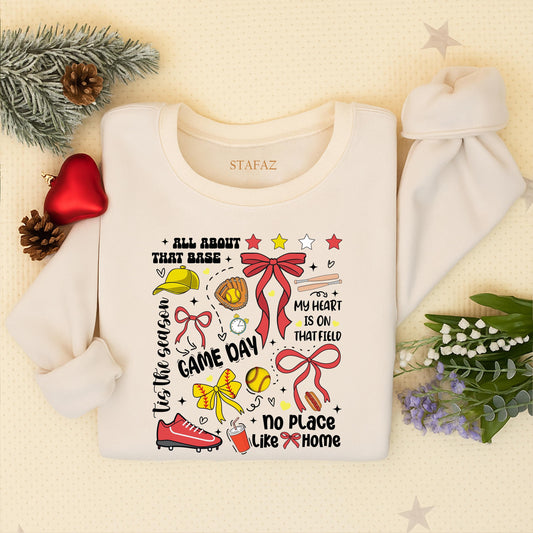 Retro Softball Game Day Sweatshirt Whimsical Cute Player Mom Fan Gift Vintage Colorful Graphics with Bats Bows Hearts & Game Day Spirit