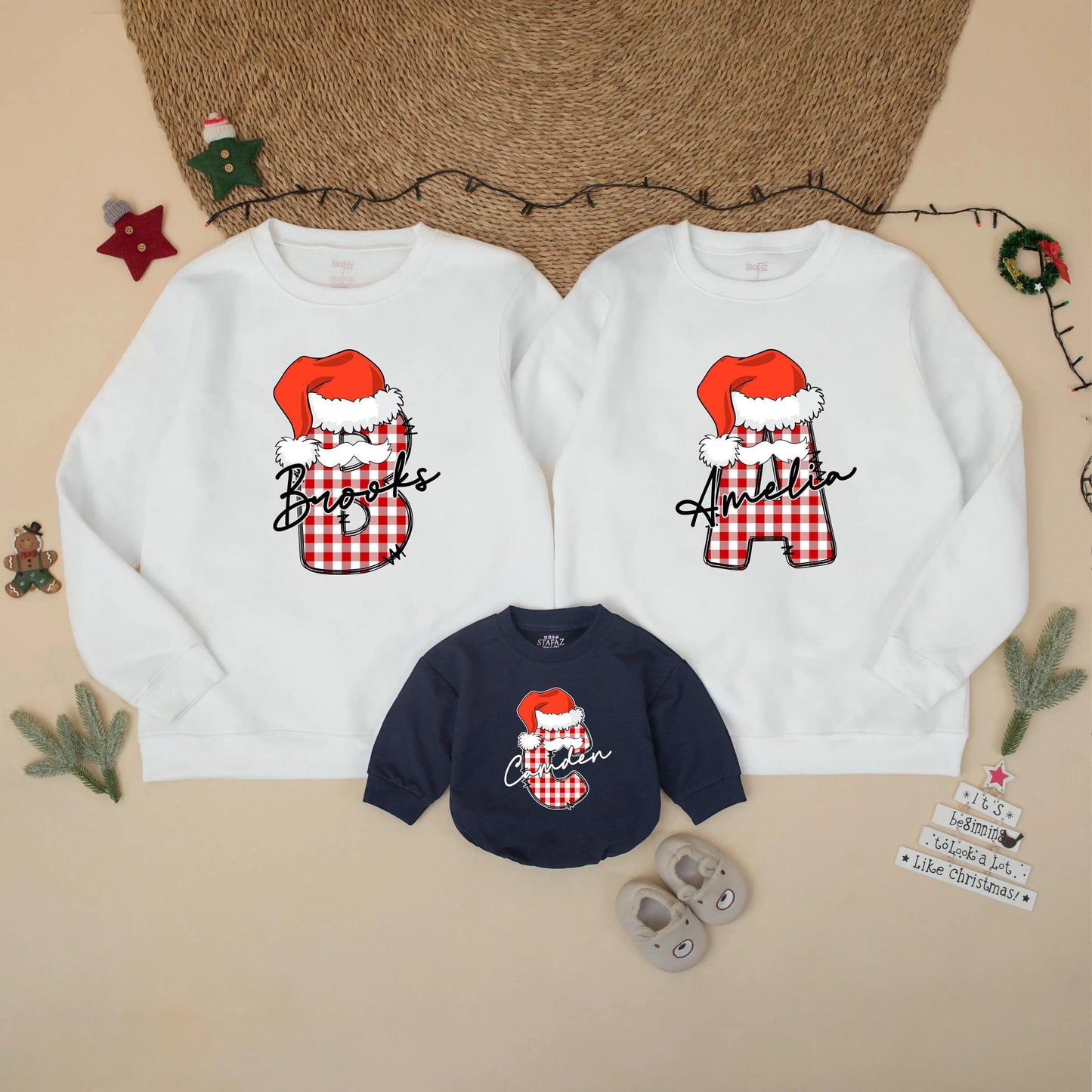 Family Matching Custom Christmas Sweatshirt Red White Buffalo Plaid Initial Santa Hat Script Name Festive Holiday Sweater