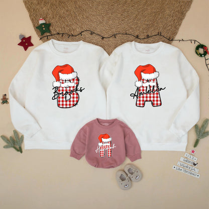 Family Matching Custom Christmas Sweatshirt Red White Buffalo Plaid Initial Santa Hat Script Name Festive Holiday Sweater