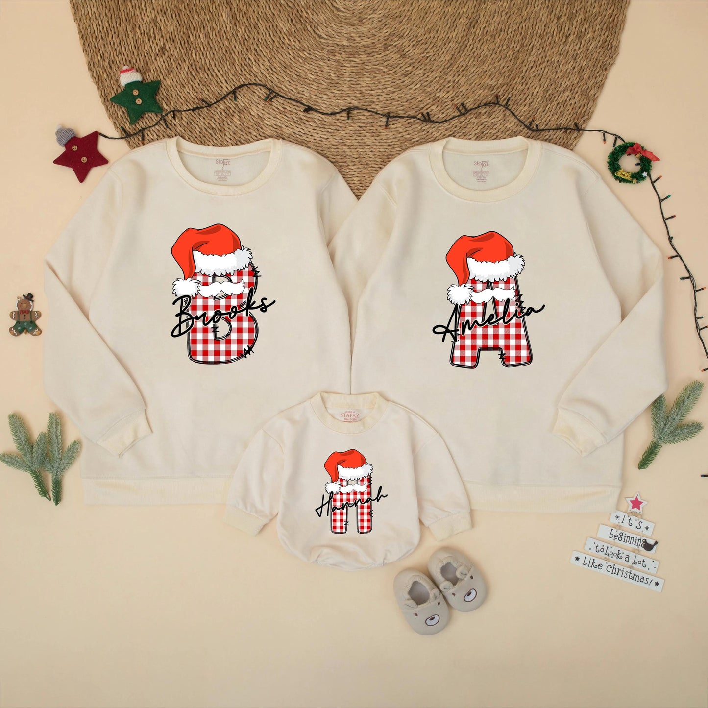 Family Matching Custom Christmas Sweatshirt Red White Buffalo Plaid Initial Santa Hat Script Name Festive Holiday Sweater