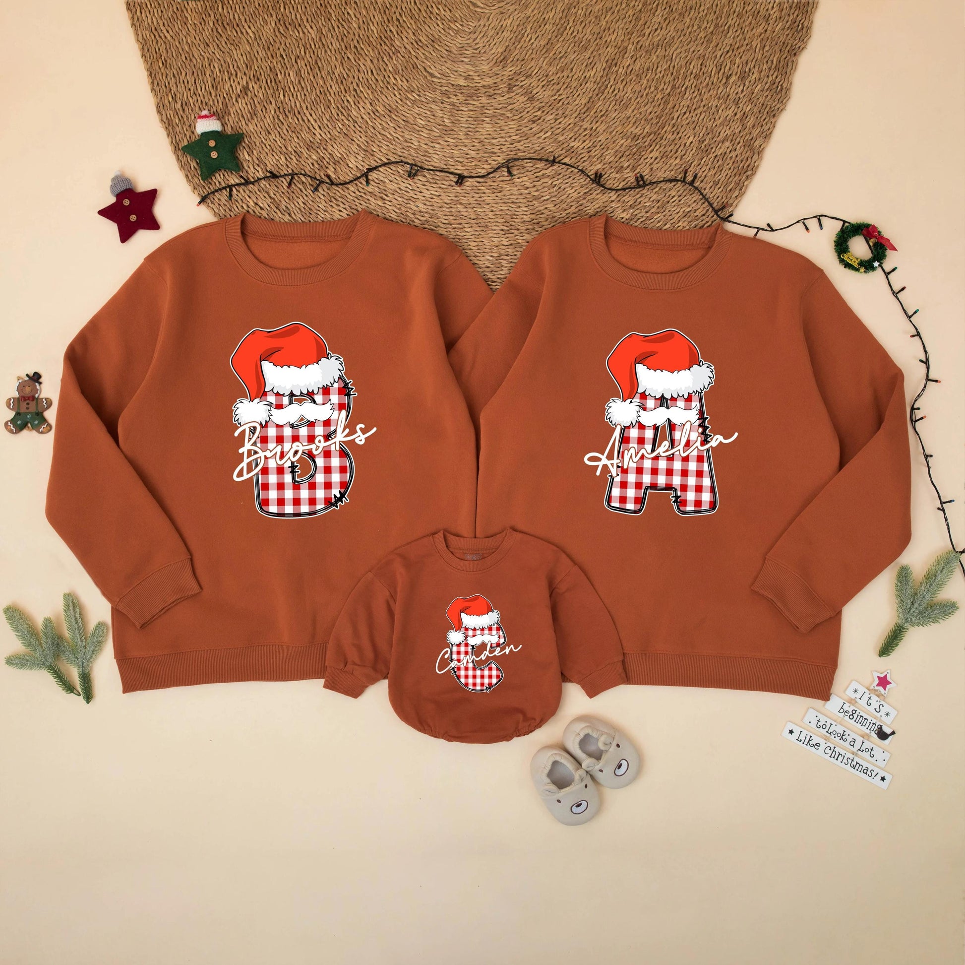 Family Matching Custom Christmas Sweatshirt Red White Buffalo Plaid Initial Santa Hat Script Name Festive Holiday Sweater