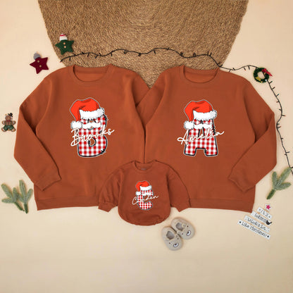 Family Matching Custom Christmas Sweatshirt Red White Buffalo Plaid Initial Santa Hat Script Name Festive Holiday Sweater