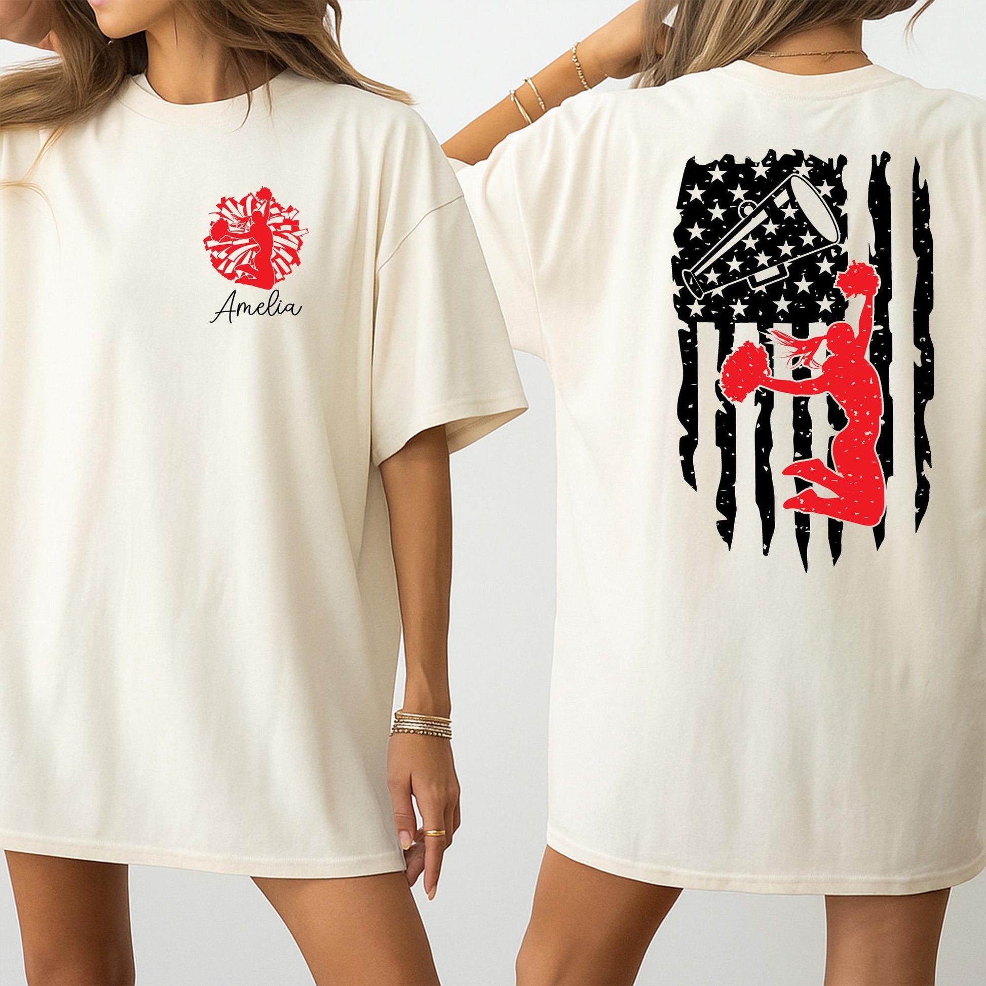 Personalized Cheerleader USA Flag Shirt Custom Name Spirit Wear Patriotic Red Silhouette Design Cheer Mom Support Gift Tee
