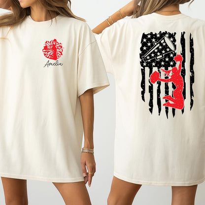 Personalized Cheerleader USA Flag Shirt Custom Name Spirit Wear Patriotic Red Silhouette Design Cheer Mom Support Gift Tee