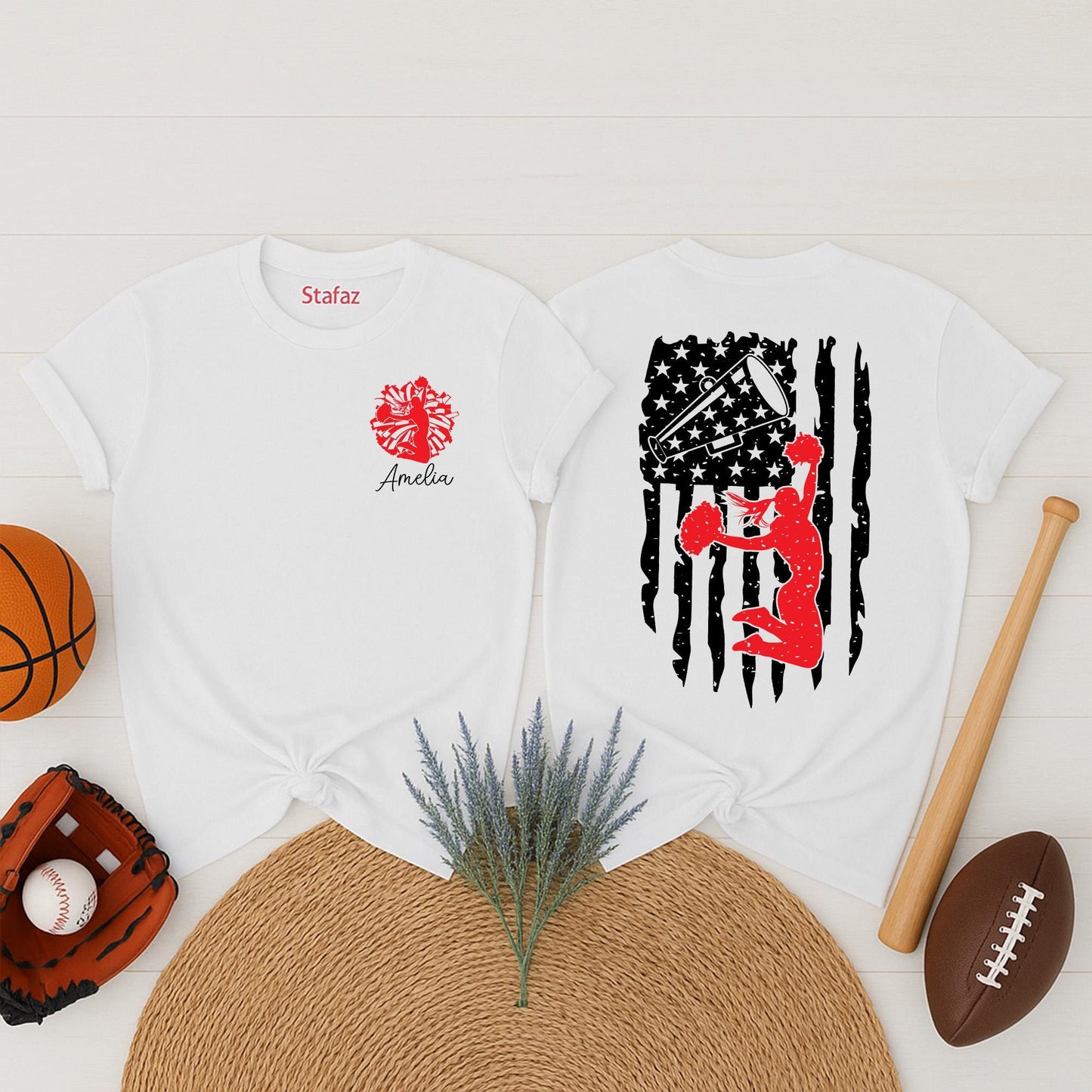 Personalized Cheerleader USA Flag Shirt Custom Name Spirit Wear Patriotic Red Silhouette Design Cheer Mom Support Gift Tee