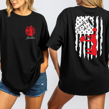 Personalized Cheerleader USA Flag Shirt Custom Name Spirit Wear Patriotic Red Silhouette Design Cheer Mom Support Gift Tee
