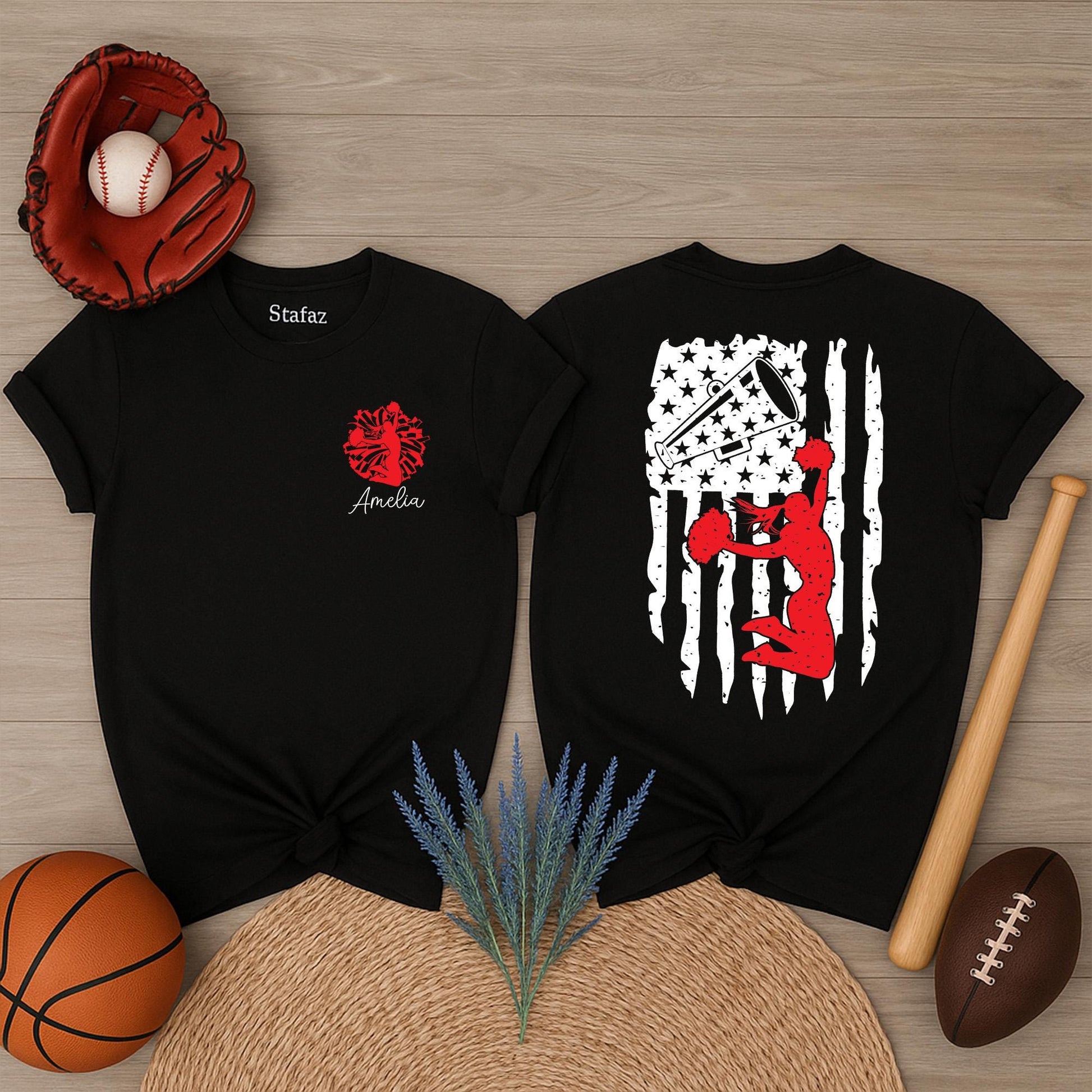 Personalized Cheerleader USA Flag Shirt Custom Name Spirit Wear Patriotic Red Silhouette Design Cheer Mom Support Gift Tee