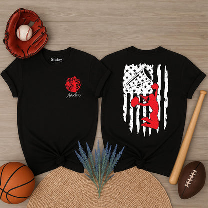 Personalized Cheerleader USA Flag Shirt Custom Name Spirit Wear Patriotic Red Silhouette Design Cheer Mom Support Gift Tee