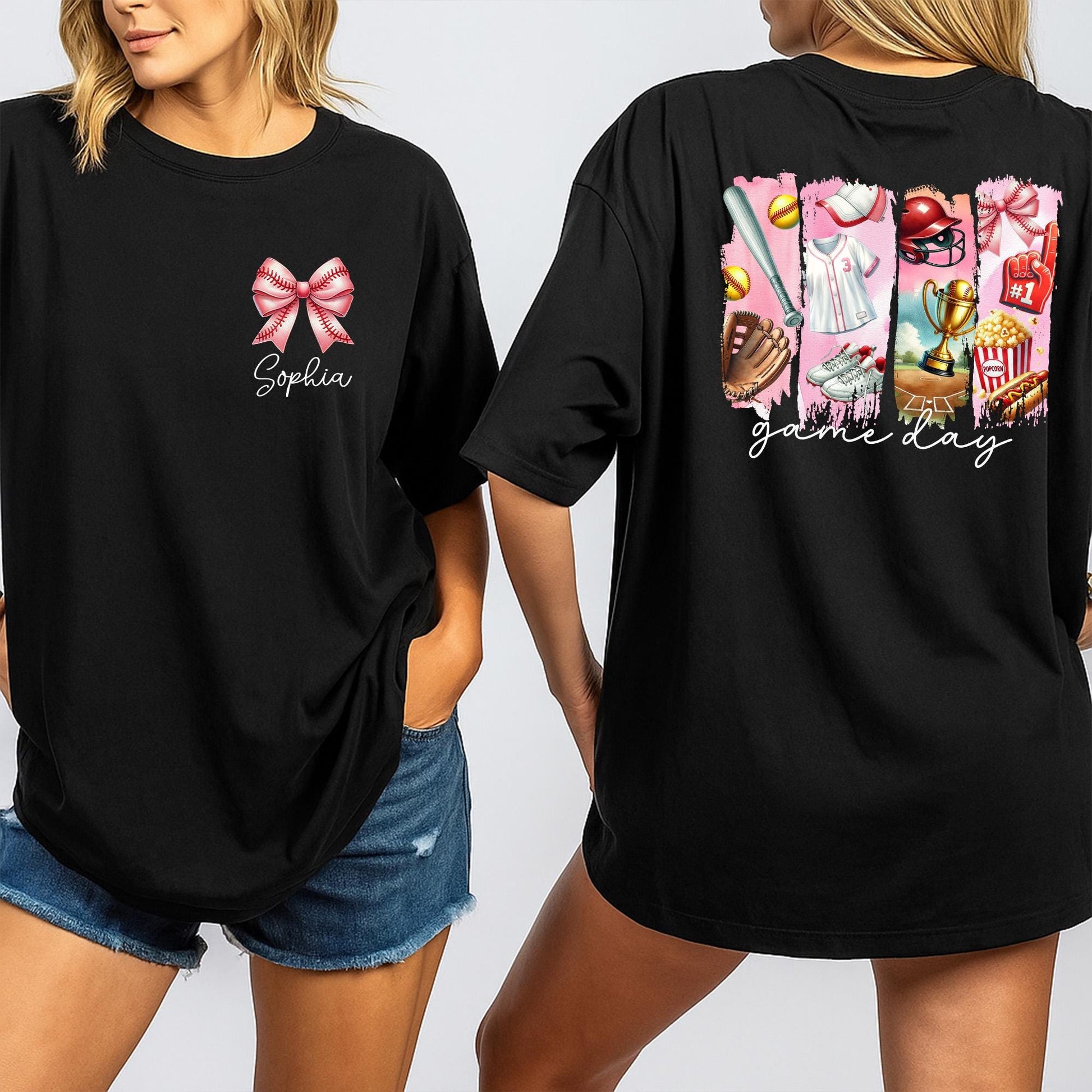 Personalized Softball Game Day Shirt: Custom Name Pink Bow & Softball Icons Tee, Cute Team Player Outfit for Girls & Moms, Unique Softball Fan Gift Idea