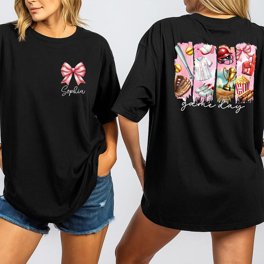 Personalized Softball Game Day Shirt: Custom Name Pink Bow & Softball Icons Tee, Cute Team Player Outfit for Girls & Moms, Unique Softball Fan Gift Idea