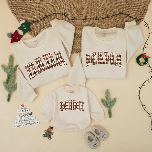 Matching Family Christmas Sweats 'DADA MAMA MINI' Argyle Holiday Outfits