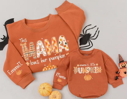 Personalized Mama's Pumpkin Patch Sweatshirt Matching Set, Fall Family Outfit, Custom Name Sleeve, Thanksgiving Gift for Mom and Kids, Orange & Plaid 138