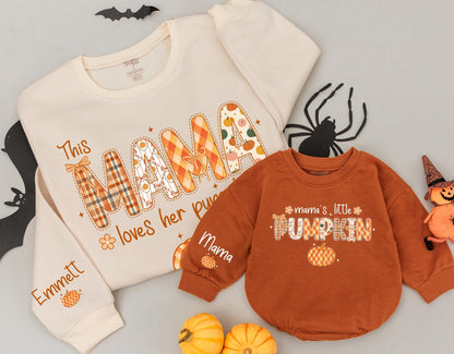 Personalized Mama's Pumpkin Patch Sweatshirt Matching Set, Fall Family Outfit, Custom Name Sleeve, Thanksgiving Gift for Mom and Kids, Orange & Plaid 138