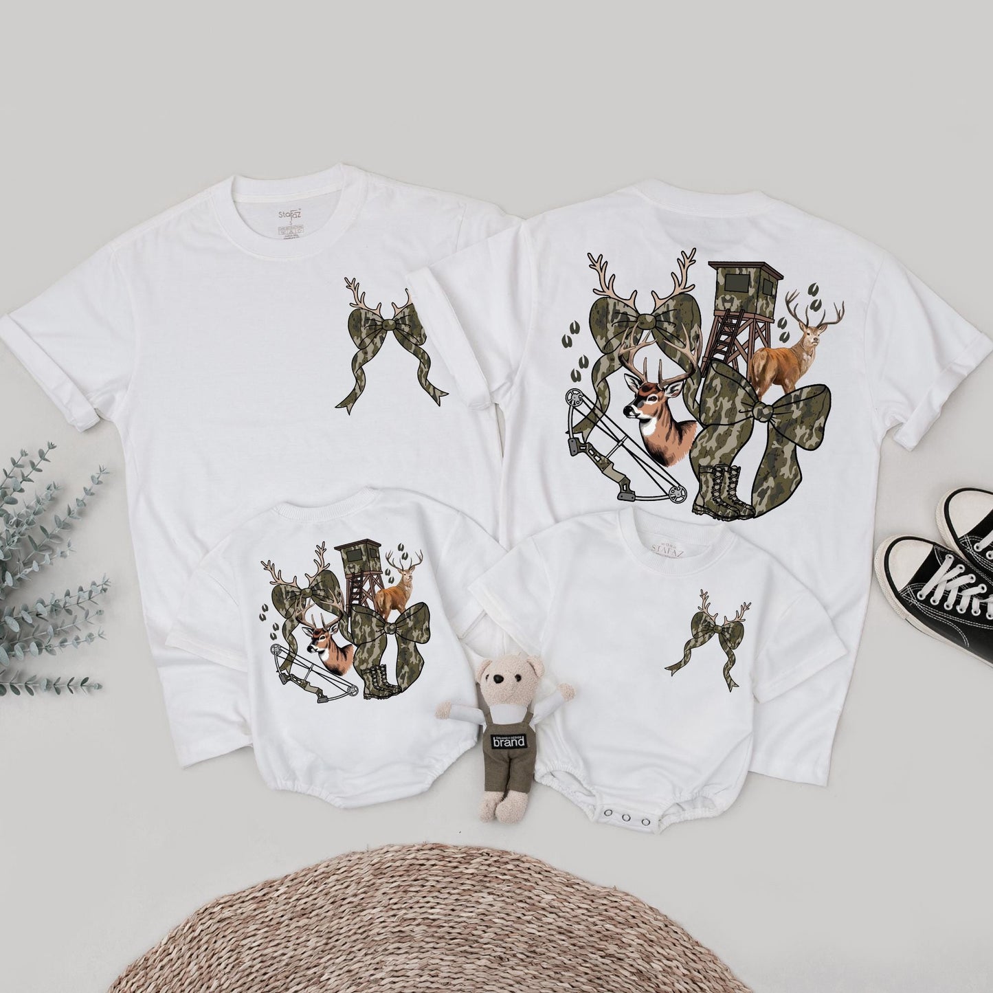 Hunting Season Girls Camo Bow Tee featuring Realistic Deer and Tracks Outdoor Birthday Shirt Youth Hunting Enthusiast Gift