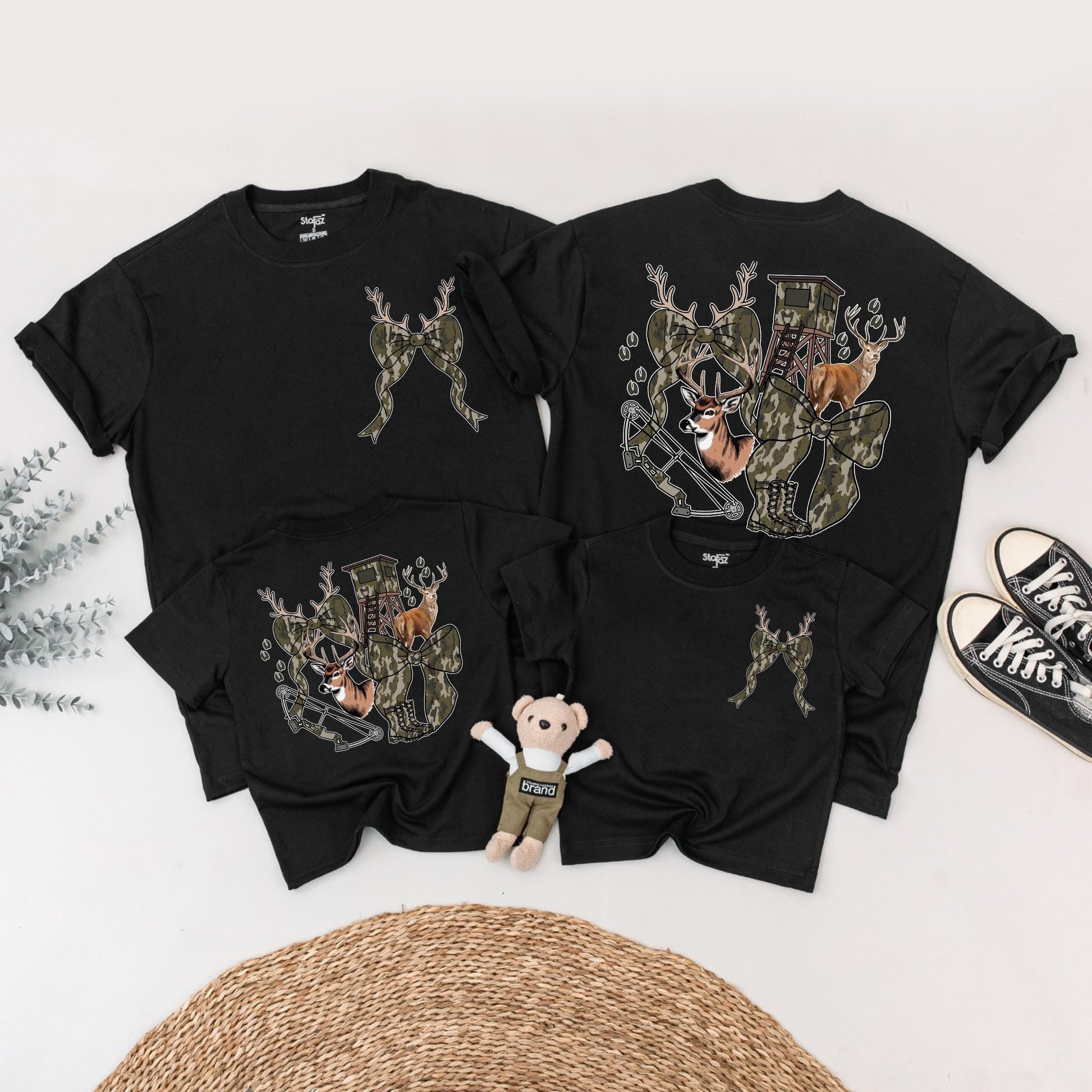 Hunting Season Girls Camo Bow Tee featuring Realistic Deer and Tracks Outdoor Birthday Shirt Youth Hunting Enthusiast Gift