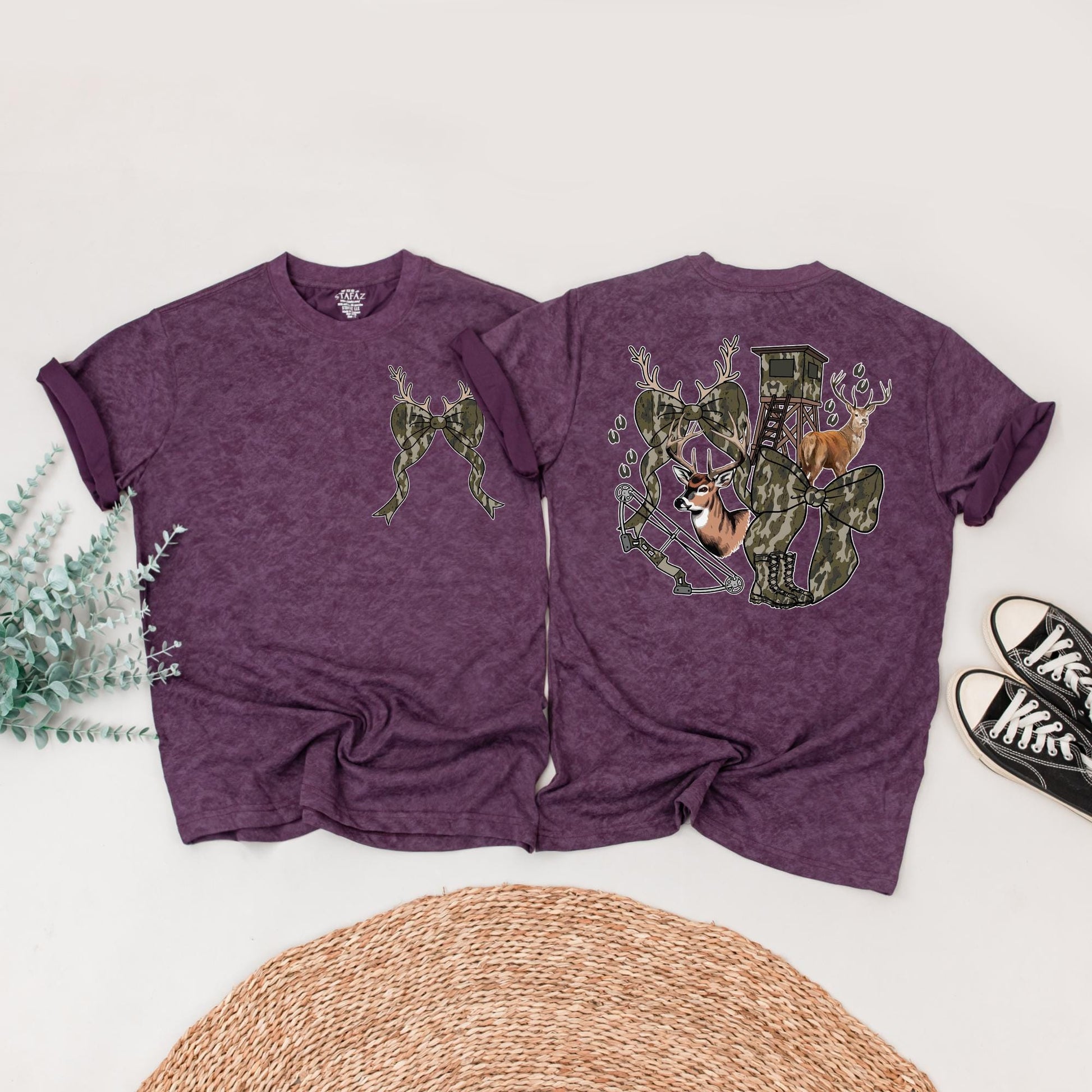 Hunting Season Girls Camo Bow Tee featuring Realistic Deer and Tracks Outdoor Birthday Shirt Youth Hunting Enthusiast Gift