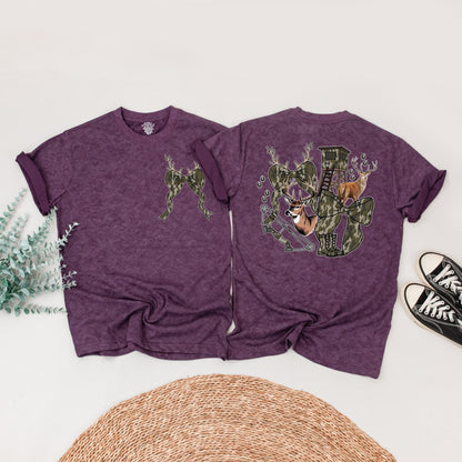 Hunting Season Girls Camo Bow Tee featuring Realistic Deer and Tracks Outdoor Birthday Shirt Youth Hunting Enthusiast Gift