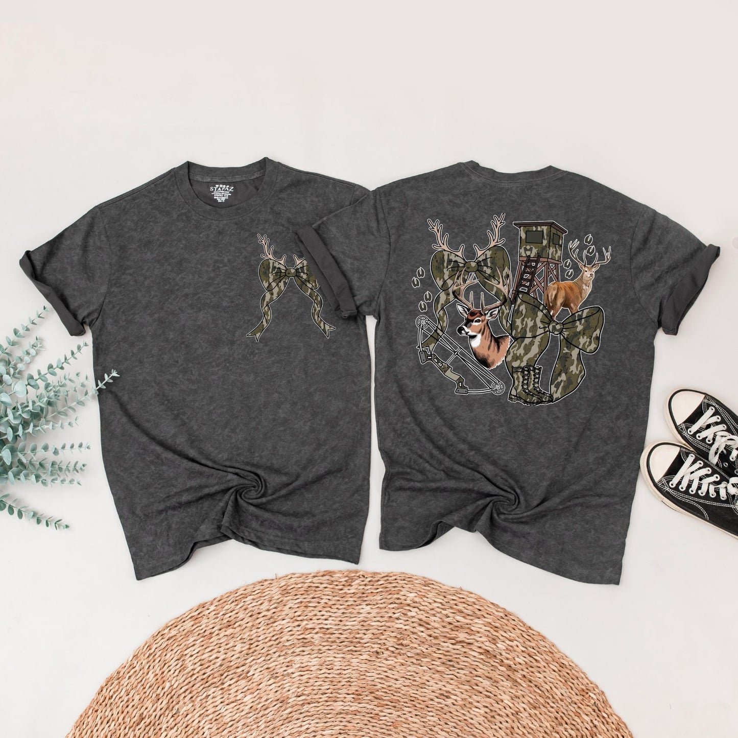 Hunting Season Girls Camo Bow Tee featuring Realistic Deer and Tracks Outdoor Birthday Shirt Youth Hunting Enthusiast Gift