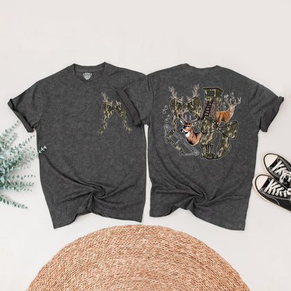 Hunting Season Girls Camo Bow Tee featuring Realistic Deer and Tracks Outdoor Birthday Shirt Youth Hunting Enthusiast Gift