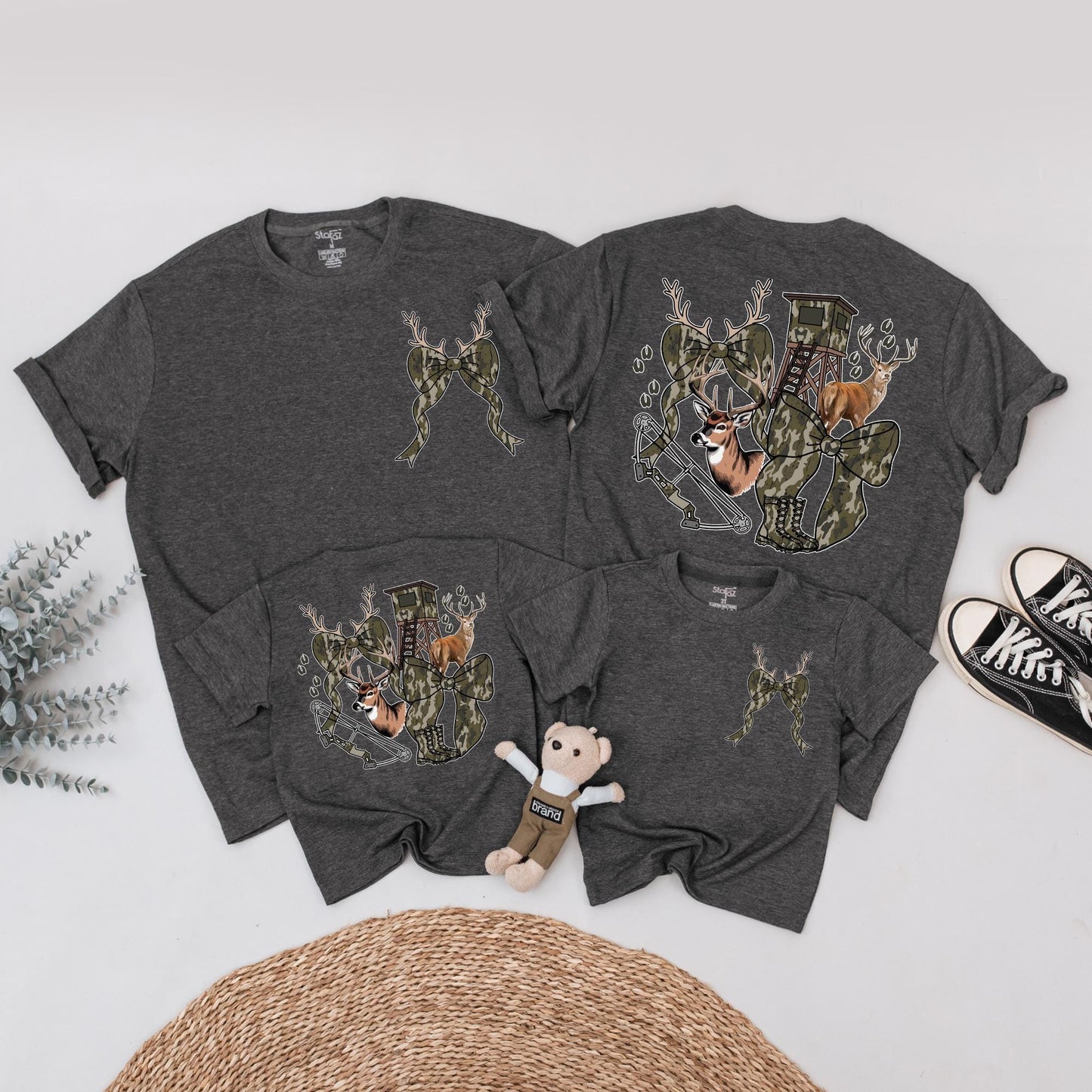 Hunting Season Girls Camo Bow Tee featuring Realistic Deer and Tracks Outdoor Birthday Shirt Youth Hunting Enthusiast Gift