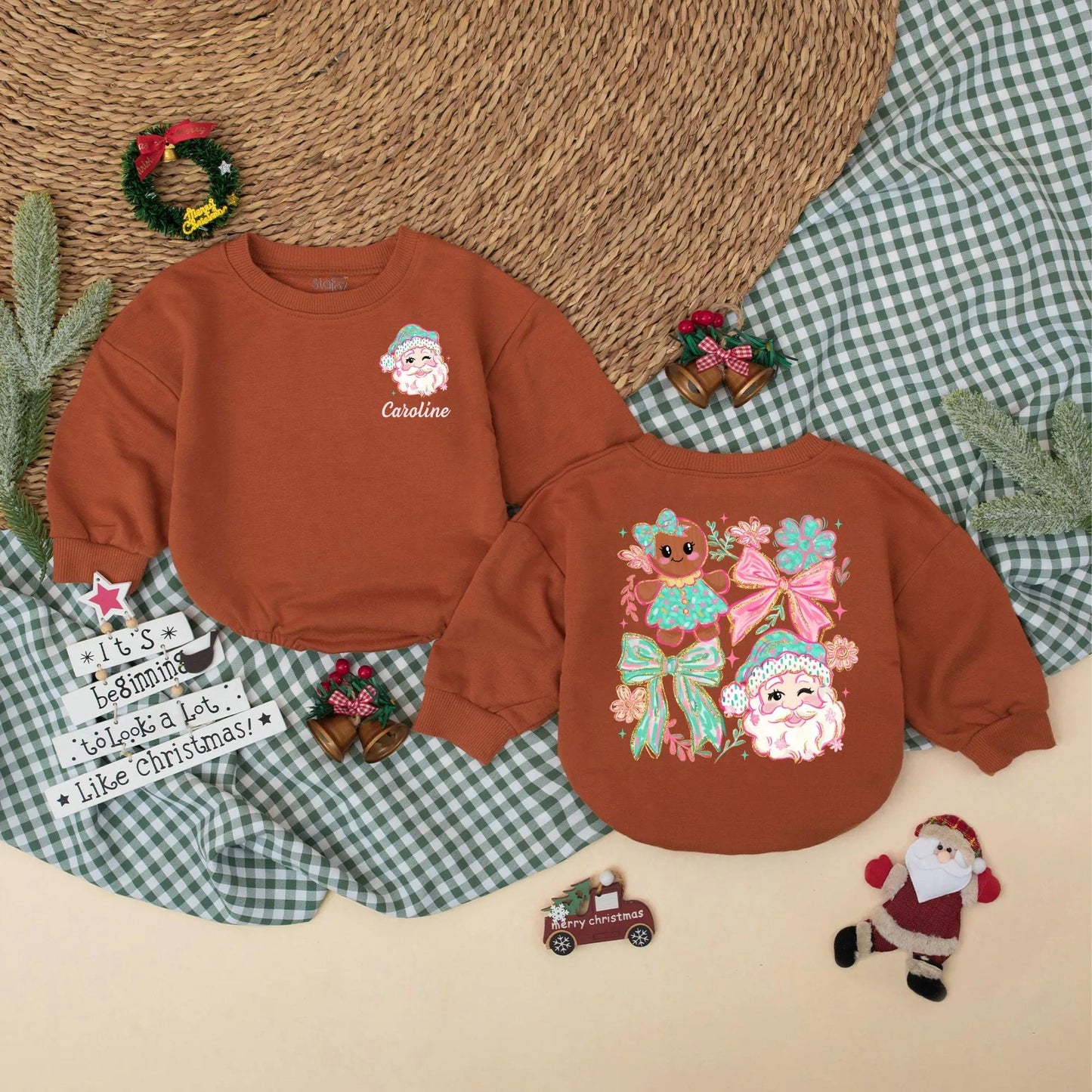 Personalized Girly Christmas Romper with Winking Santa & Pink Script 'Caroline', Cute Holiday Baby Bodysuit, Winter Gift