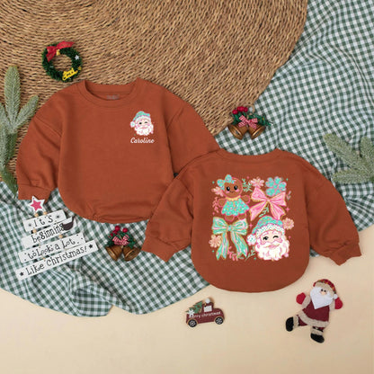 Personalized Girly Christmas Romper with Winking Santa & Pink Script 'Caroline', Cute Holiday Baby Bodysuit, Winter Gift