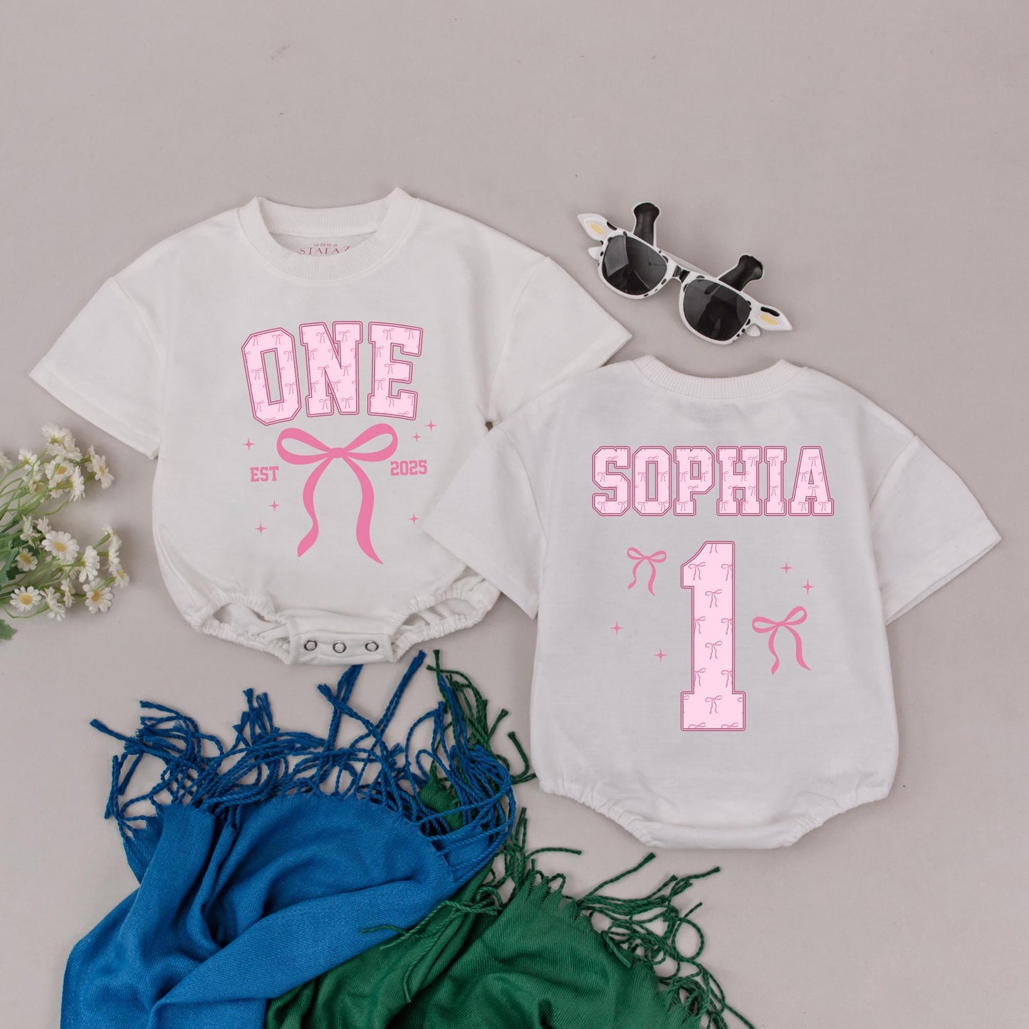 Personalized Pink Bow One First Birthday Girl Bubble Romper Collegiate Sophia Est 2025 Playful Celebration Stars Cake Smash Bodysuit Gift