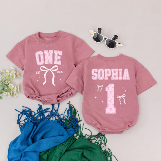 Personalized Pink Bow One First Birthday Girl Bubble Romper Collegiate Sophia Est 2025 Playful Celebration Stars Cake Smash Bodysuit Gift