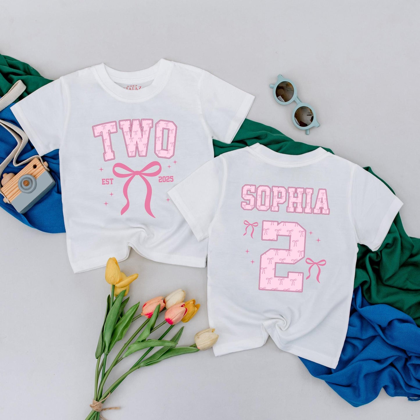 Sophia's Second Birthday Girl T-Shirt with Pink Bow TWO Design! Adorable 2nd Birthday Outfit, Personalized Party Tee & Star Details—A Special Gift! (139)